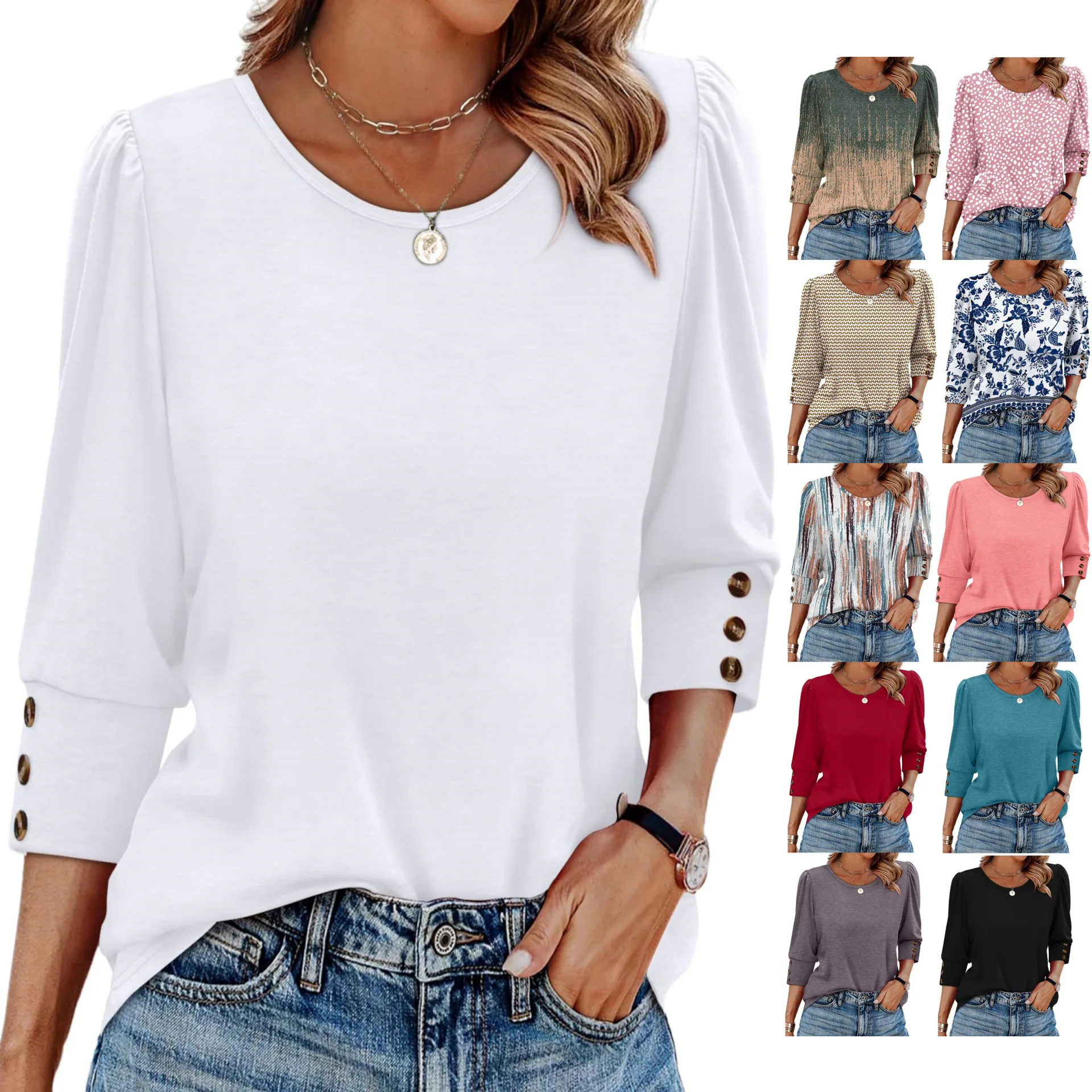 

2025 Hot Sells Summer Women's T-shirt O-neck 7-quarter Sleeve Button Casual Top Simple and Versatile Basic Tees