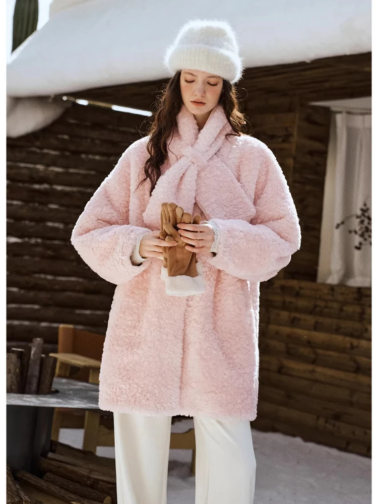 OLrain manteau de fourrure femme épaissi mi-long Style français 2025 femmes manteaux d'hiver avec écharpe col rond dame vestes WGO57DP003622