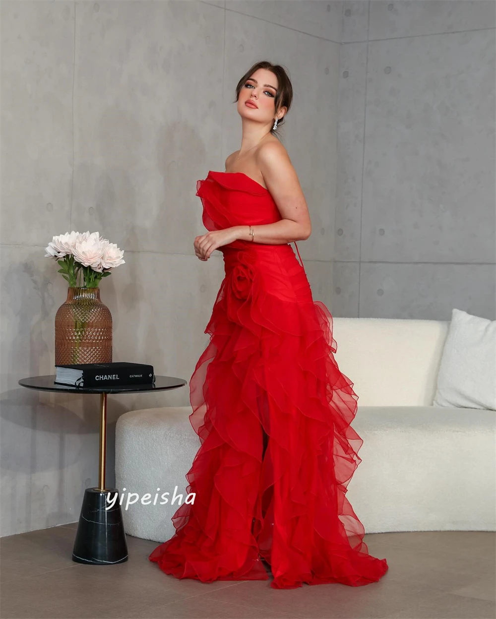 Customized Jiayigong  Organza Flower Draped Cocktail Party A-line Strapless Bespoke Occasion Gown