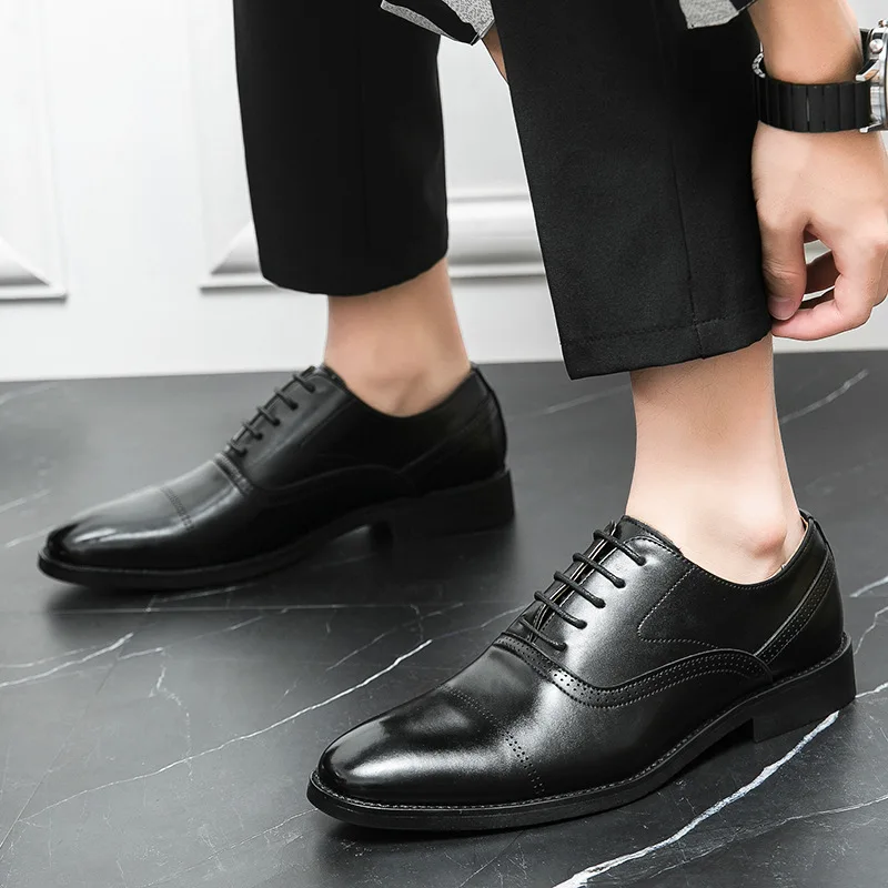 Men Casual Leather Shoes Fashion Classic Brogues Luxury Genuine Cow Leather Handmade Thick Heels Black Male Wedding Formal Shoes