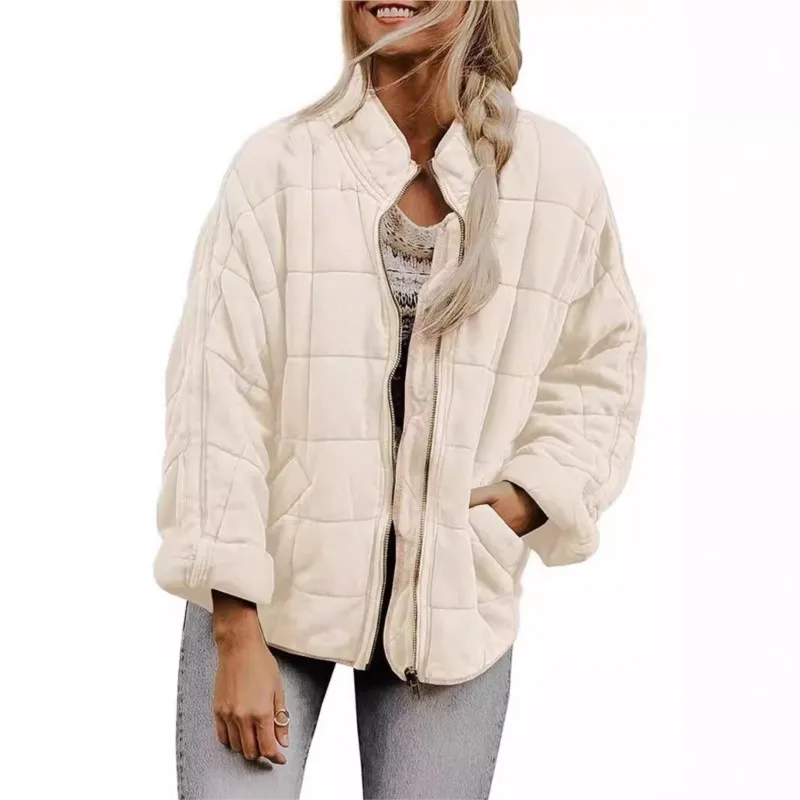 Women's Cotton-Padded Jacket Winter Solid Color Stand Collar Long Sleeve Zip Closure Loose Fit Pockets Abrigos Invierno Mujer