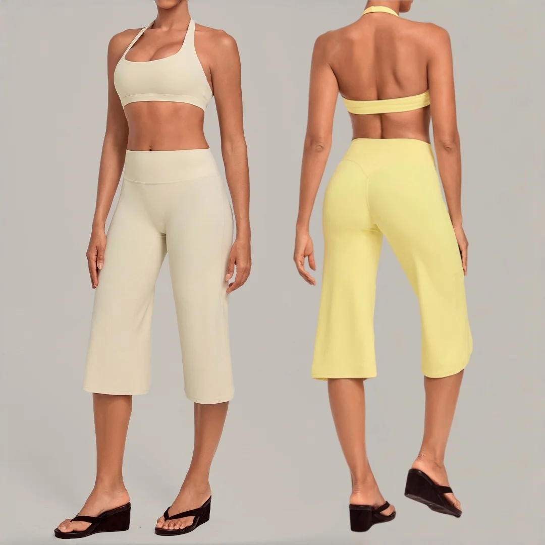 Women's Yoga Set High Waist Tight Halter Neck Sports Bra Straight Leg Capri Pants Fitness Suit Running Workout Gym Yoga Set