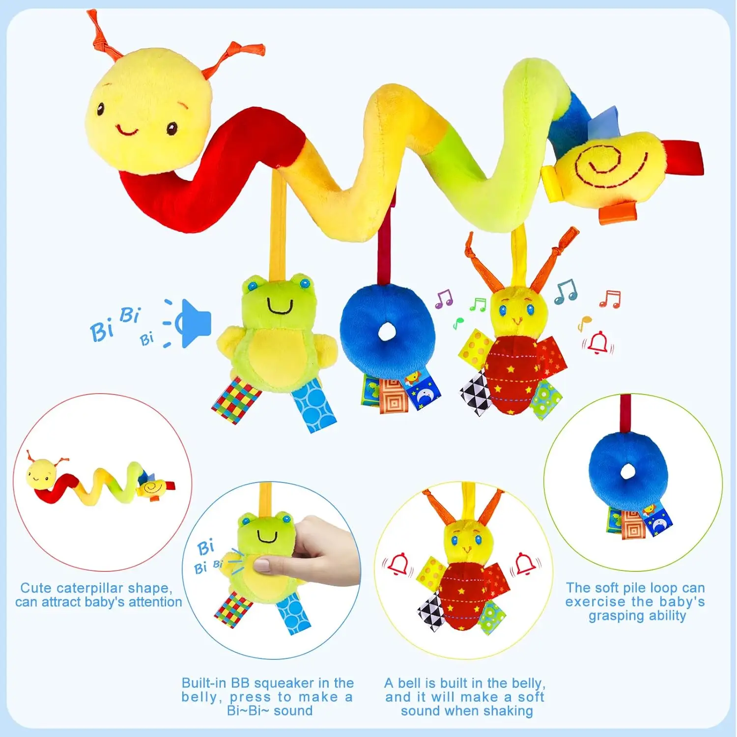 スパイラルカーシートベビーカーアクティビティトイ 赤ちゃん感覚玩具、0-12ヶ月の赤ちゃん用ソフトハンギングトイ カーシートベビーベッドベビーカーベル