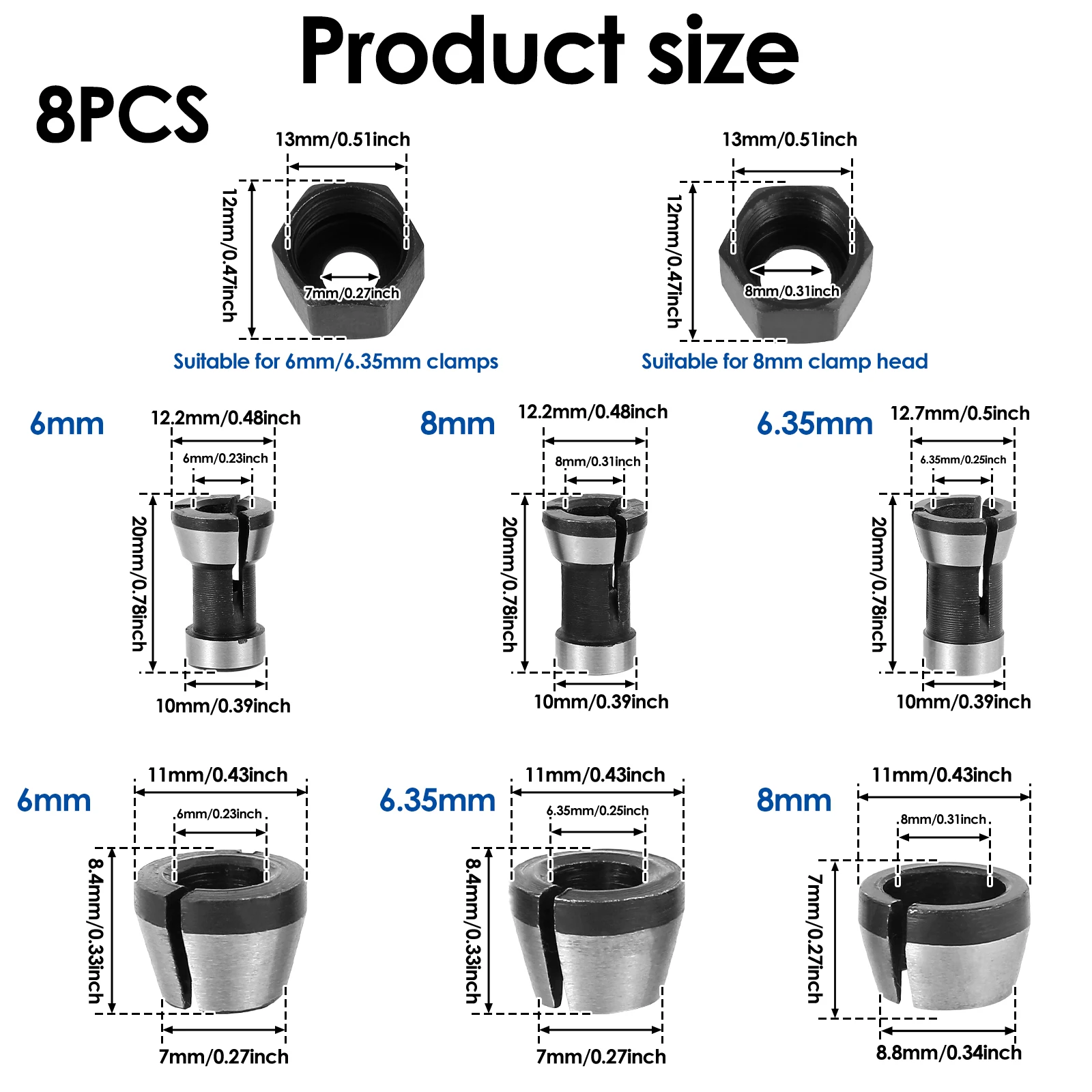 12/8pcs Trimmer Collet Adapter 6mm 6mm 6.35mm 8mm Router Bit Collet Chuck Clamping Adapter for Engraving Trimming Machine Electr