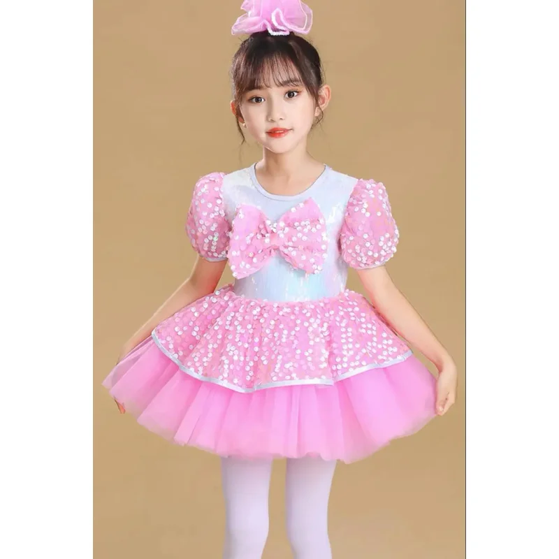 Modern dance Tutu Dress Girls Kids Ballroom Clothing Sequined Jazz Costume Stage Wear Pink Wedding Princess Dresses