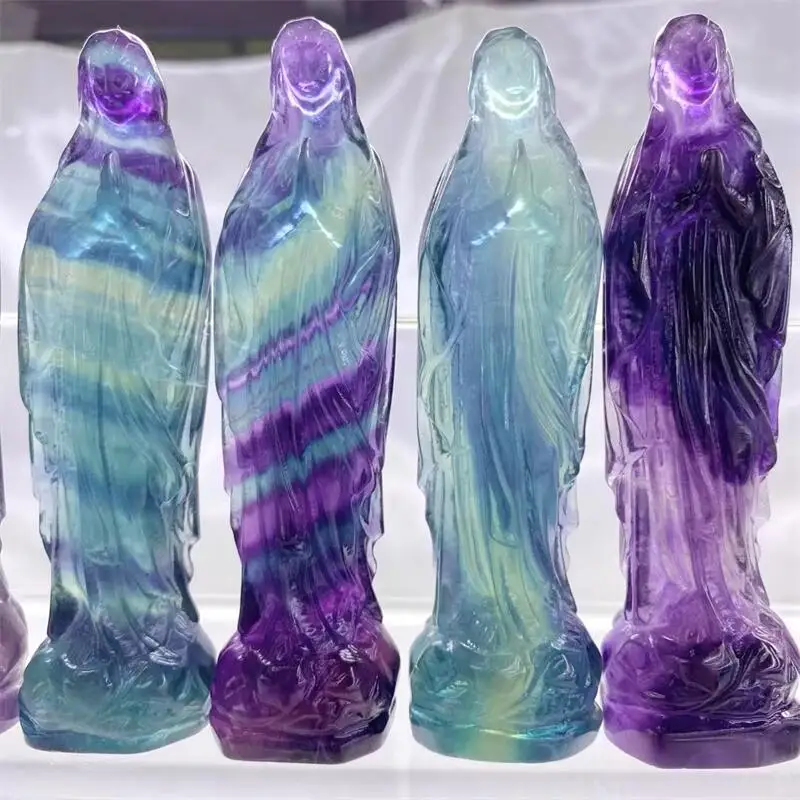 

10CM Natural Colored Fluorite Statue Of The Virgin Mary Gemstone Reiki Healing Stone Lucky Crafts Decoration Statue Gift