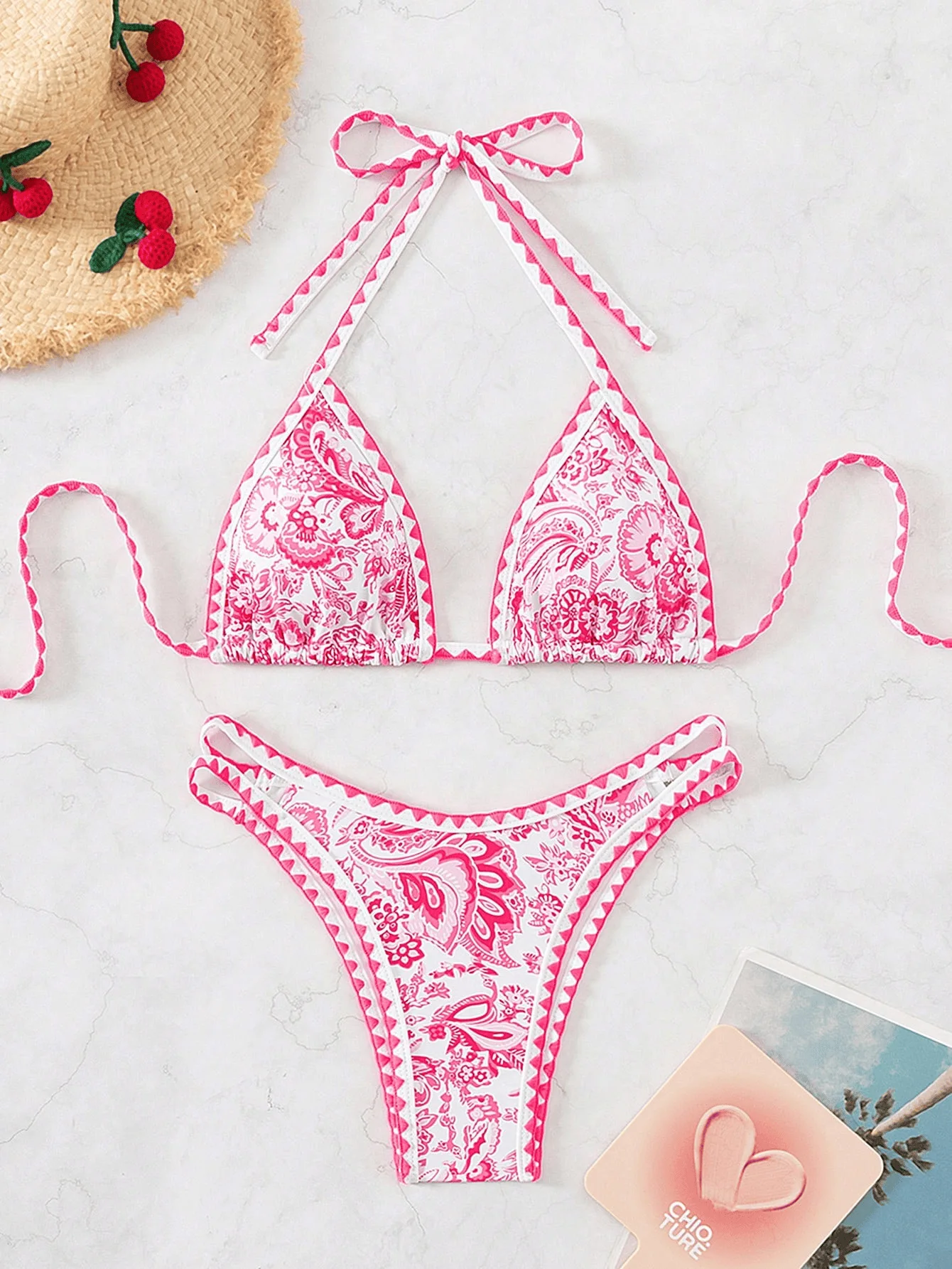 

Sexy Pink Floral Print Micro Bikini 2025 Women Halter Push Up Bra Hollow Out Thong Swimwear Summer Bathing Suit Holiday Swimsuit