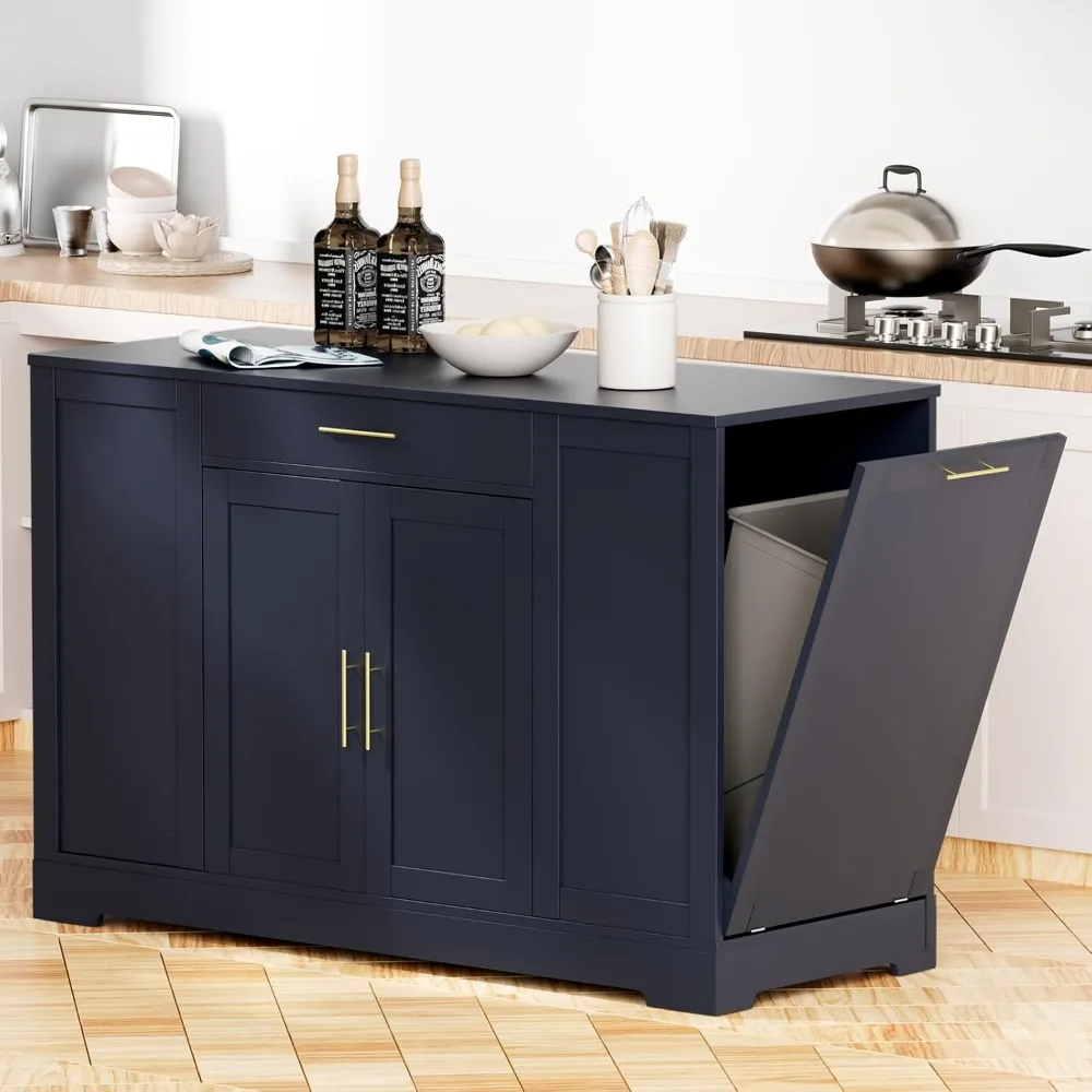 

53 inch Large Kitchen Island with Tilt Out Trash Can Holder, Wooden Storage Pantry with Drawer, Adjustable Double Door Cabinet