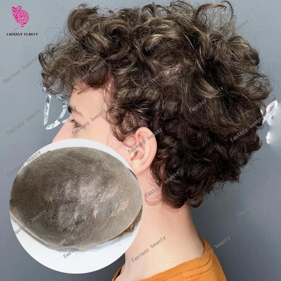 25 mm rizado # 18 cabello Natural marrón 80% densidad línea de cabello Natural 0,02mm piel súper fina Invisible hombres peluquín sistema de cabello humano gris