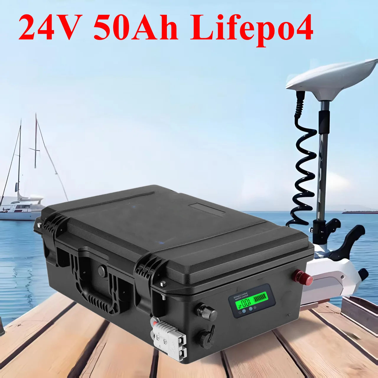 

24V 50Ah lifepo4 battery pack waterproof ABS case 25.6V 1280Wh for trolling motor/fishing boat/motor boat/inverter +5A charger