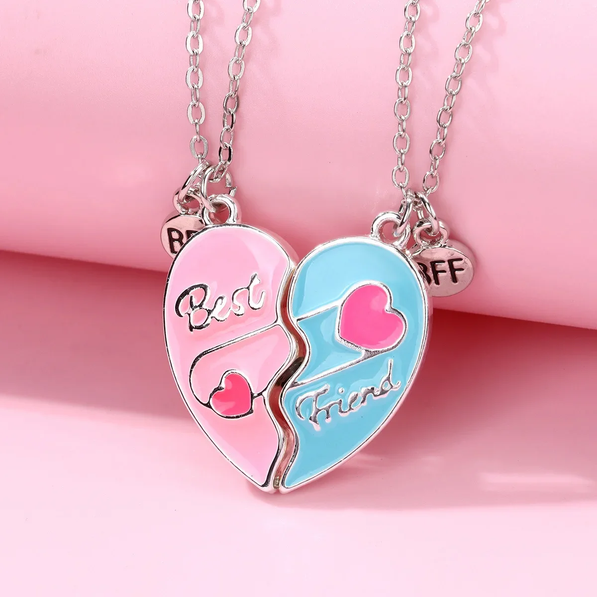 Elviragirl 2Pcs/set Heart-shaped Stitching Drip Oil Painted Best Friend Necklace BFF Friendship Jewelry Gifts for Kids