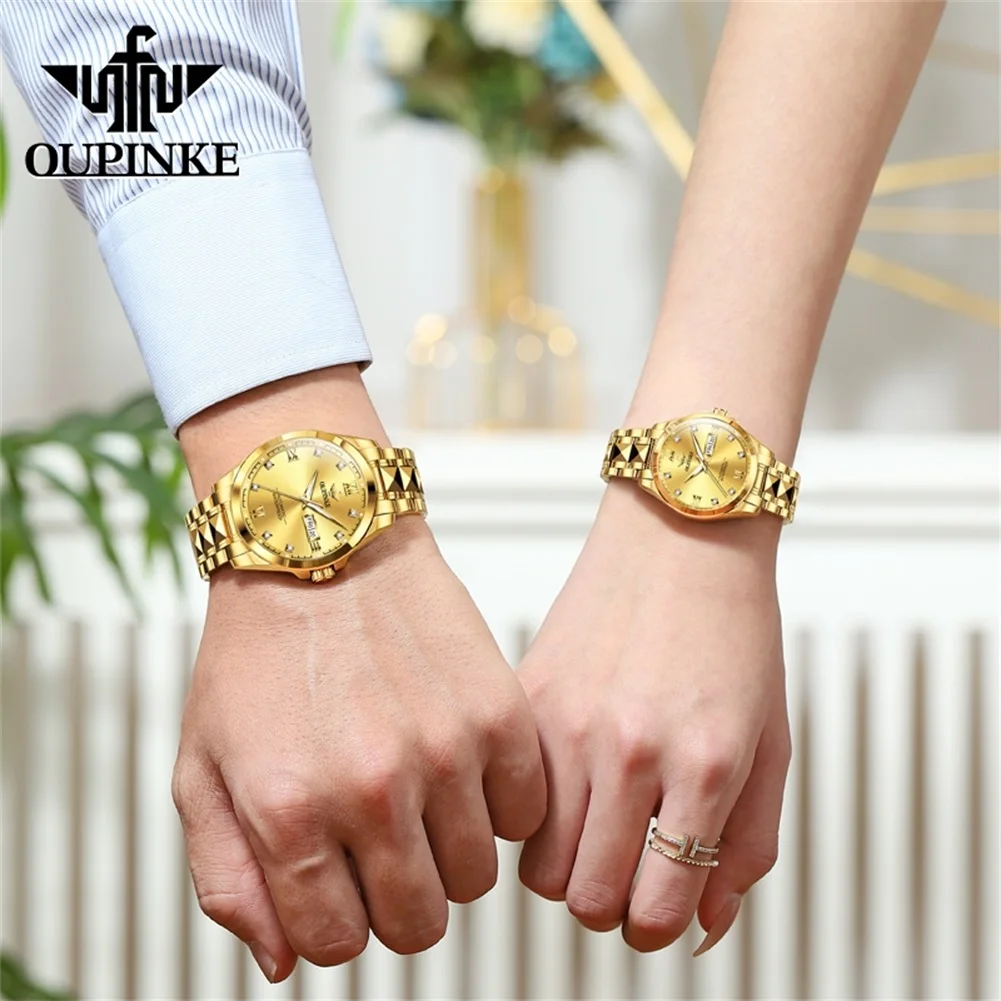 OUPINKE 3262 ساعة ميكانيكية للأعمال للزوجين فاخرة أصلية بتقويم مزدوج مقاومة للماء ساعة يد ماسية بمقياس ماسي ساعة مضيئة