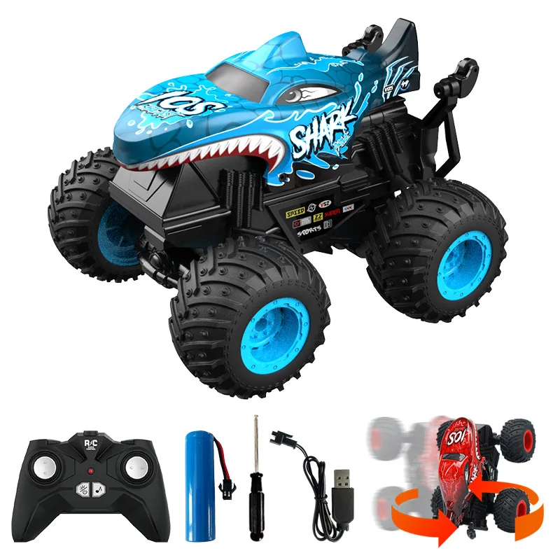 Coche RC de dinosaurio tiburón giratorio de 360 grados, luces musicales para niños 1:20, coche acrobático con Control remoto, coche de juguete para niños