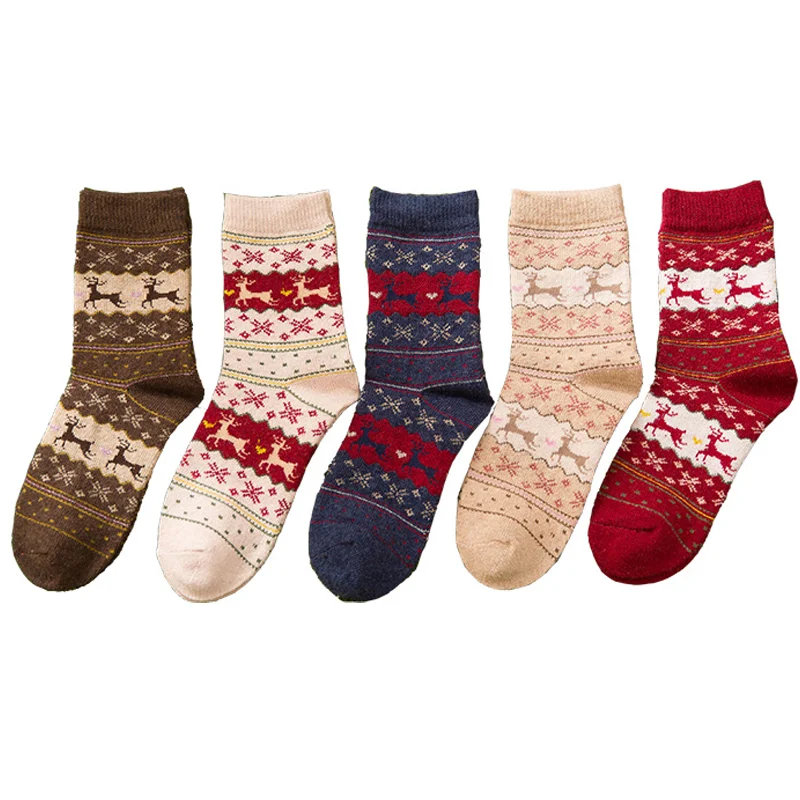 Cotton Socks Autumn Winter Thickened Girls Wool Socks Japanese Christmas Warmth Jacquard Deer Bear Warmth Medium  Comfortable