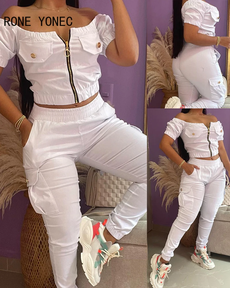 

2024 Women Off Shoulder Zipper Short Sleeves Crop Top & Elastic Waist Multi Pockets Working Pants Sets