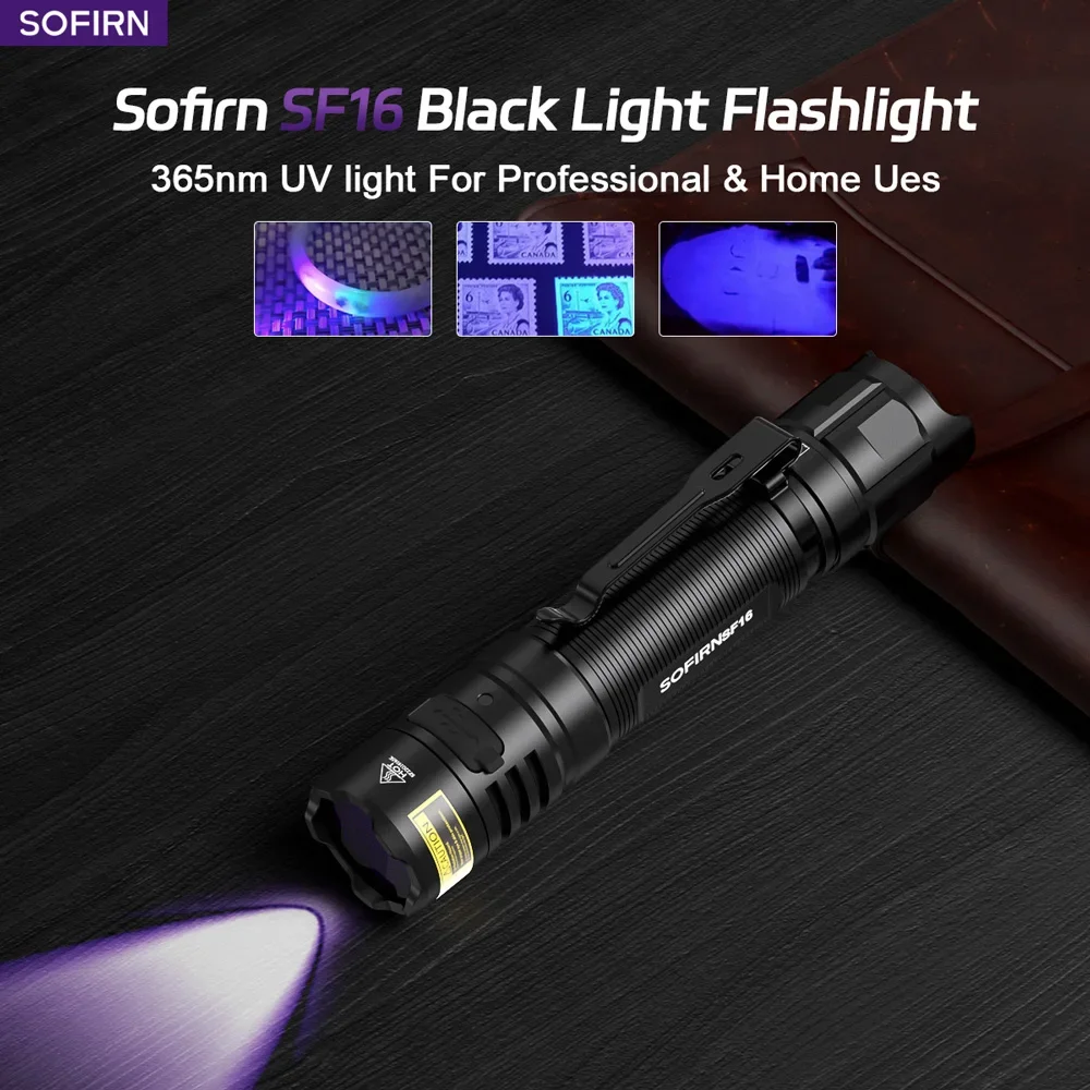 Sofirn SF16 UV Flashlight 365nm SST08 Portable 18650 USB C Rechargeable Ultraviolet Torch for Detection/Pet/Urine/Stains IPX8