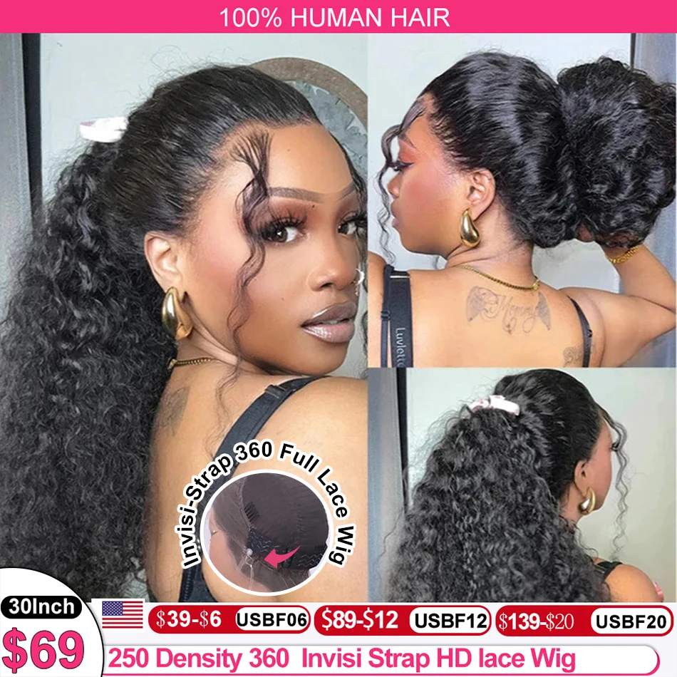 HD invisi Strap 360 Lace Front Wigs Human Hair Wigs Preplucked Deep Curly Glueless Wig Human Hair Redy to Wear 360 Full Lace Wig