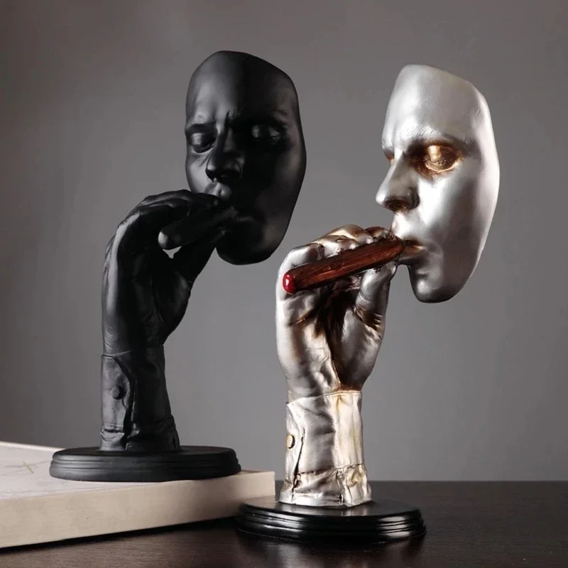 Retro editators Abstract Sculpture an Smoking Cigar Creative Face Statue Character Resin Figurine Artwork Home Decorations