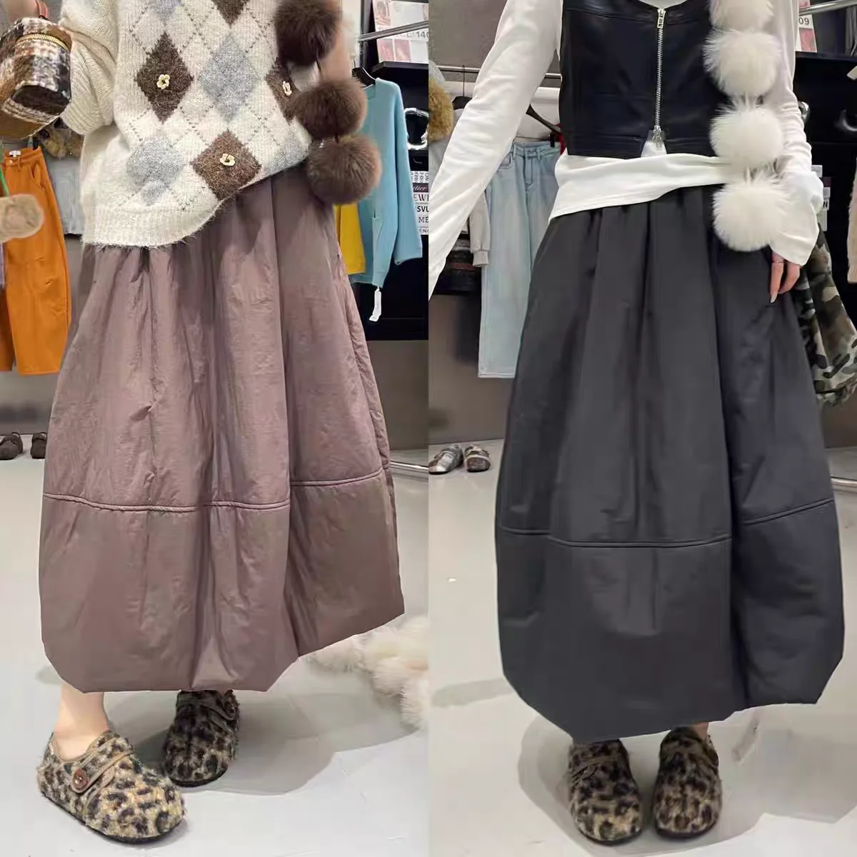 

Ele Pure Color Elastic Waist Cotton Blend Winter Warm Simple Sle plus Size Women's Midi Skirt Versatile Casual A-Line S...