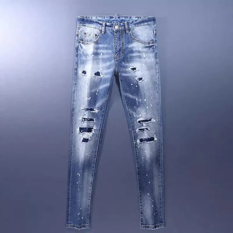 Retro Blue Stretch Slim Fit Jeans Street Fashion Men's Painted Ripple Splicing Designer Hip Hop High Quality