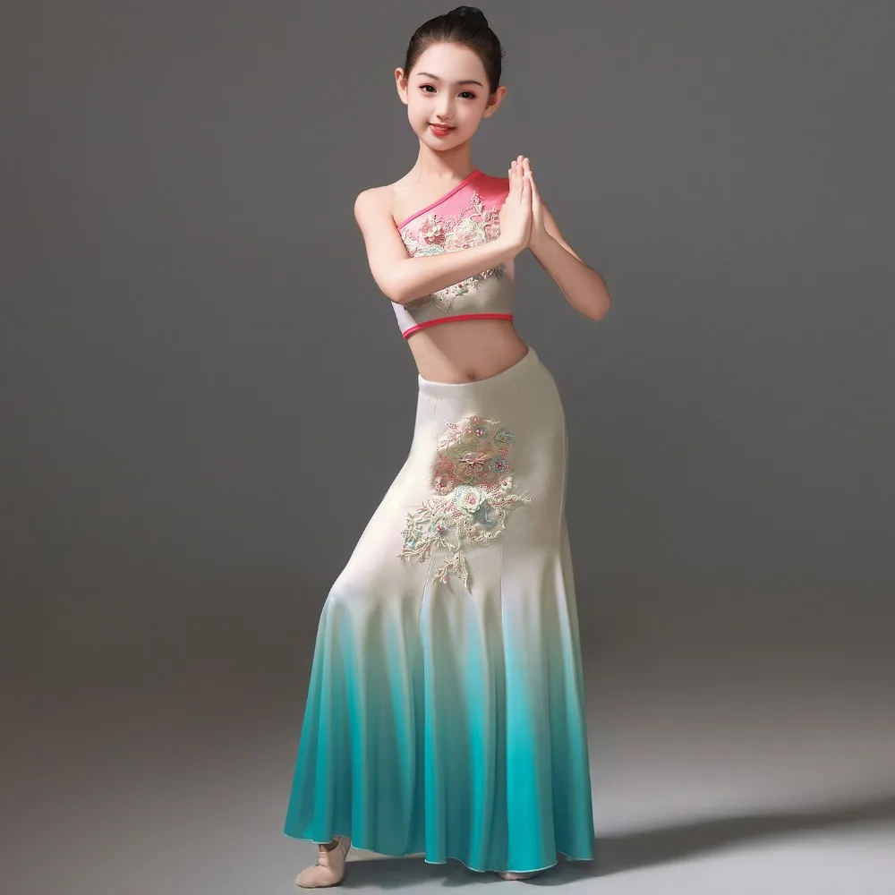 

Children's Dai folk dance costumes Girls shoulder gradual change skirt Children's dance performance Solo dance repertoire costum