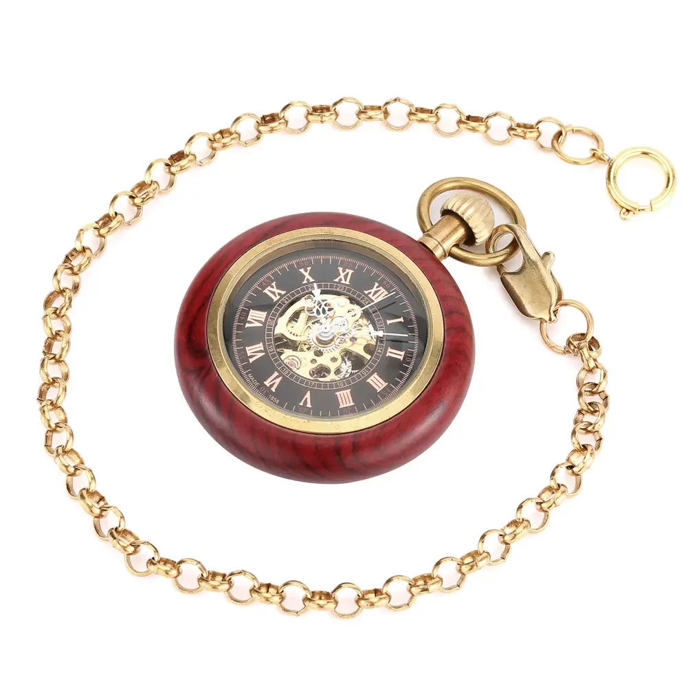 Red Wood Open Face Mechanical Hand Winding Pocket Watch with Rose Gold Roman Numerals Dial Vintage Fob Chain Pendant Clock