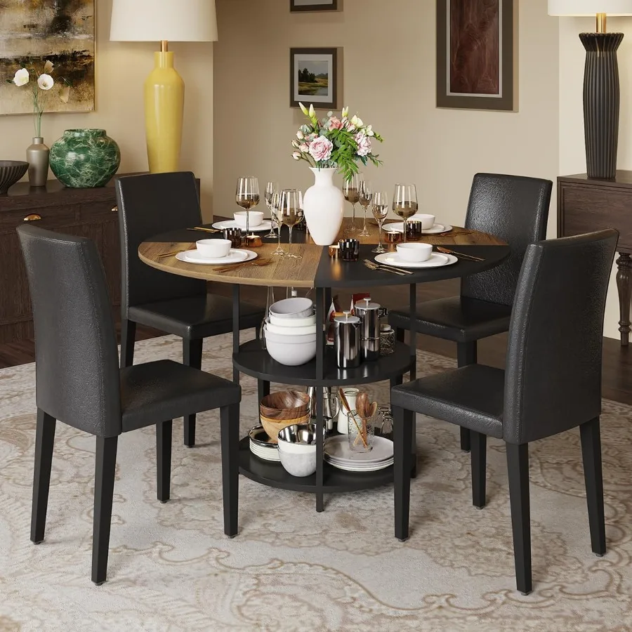 47 Inch Round Dining Table Set for 4Kitchen Table and Chairs for 4 with StorageBlack Brown Wooden Tabletop with 4 PU Leather Ch