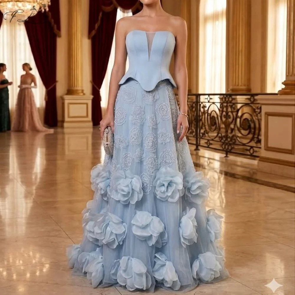 

Elegant blue floral hem dress strapless beaded embroidered dress A-line dress fake two-piece gown customize party Holiday Dress