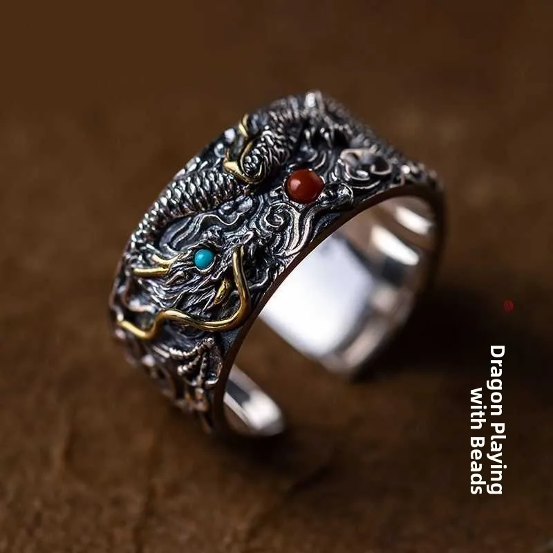 S925 Sterling Silver Tiger Head Dragon Play Pearl Ring Men's Style Retro Chinese Trendy Open Thai Silver Finger Ring Personality