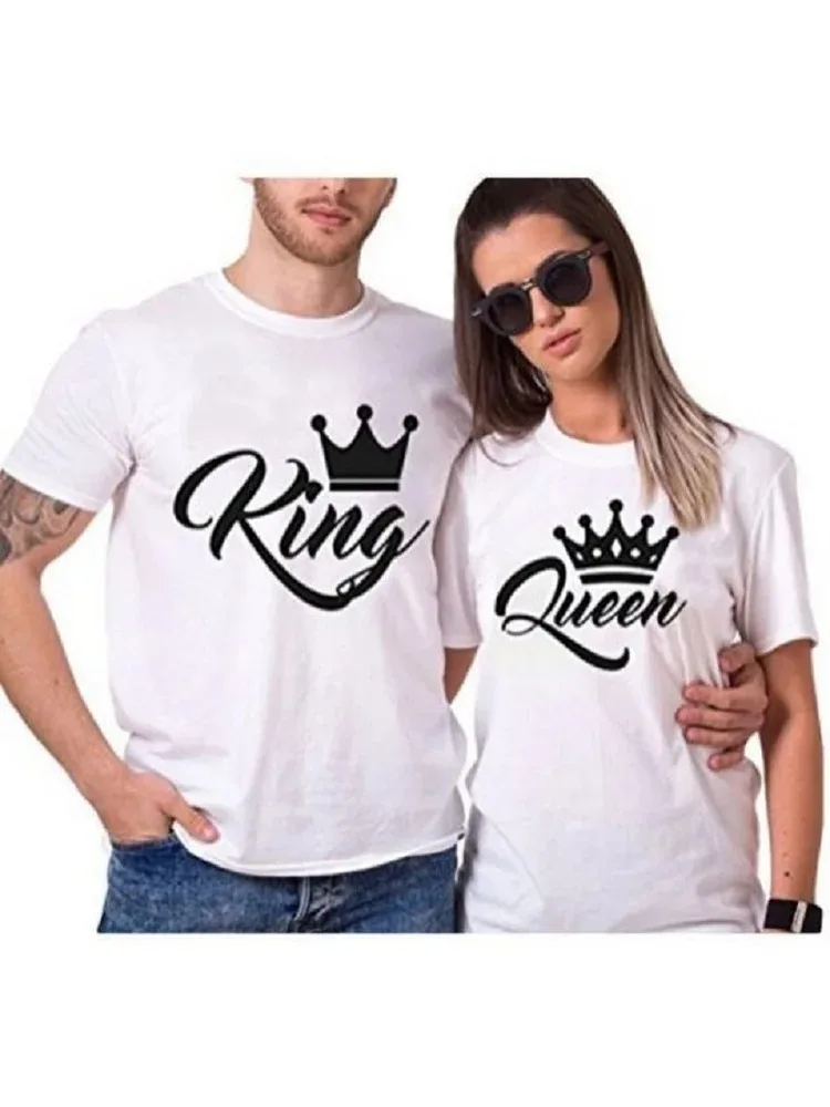 100% Cotton T Shirt KING QUEEN Letter Crown Printed Black White T-shirts Summer Casual Couple Lovers Tshirt Tops Clothes