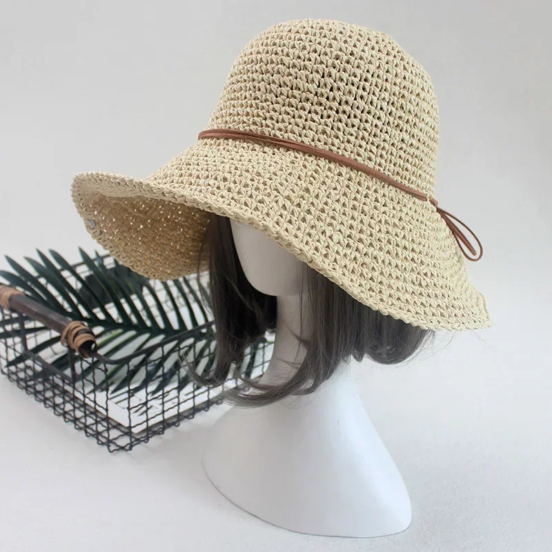 

New Ladies Sun-Hat for Women Bowknot Raffia Straw Caps Foldable Summer Hats Wide Brim Beach Hat Female Sunscreen-Cap for Women