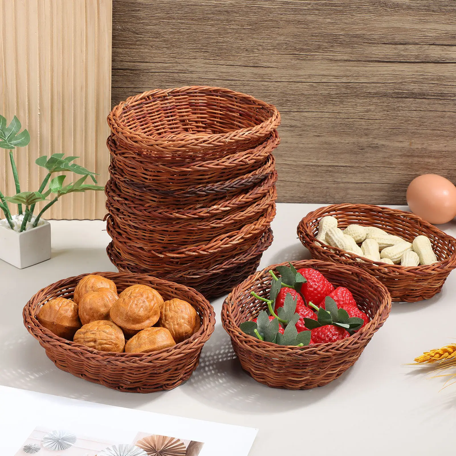 10Pcs Oval Rattan Bread Basket Hand Woven Natural Wicker Food Serving Basket for Kitchen Counter Cafe Picnic Snack Fruit view 3