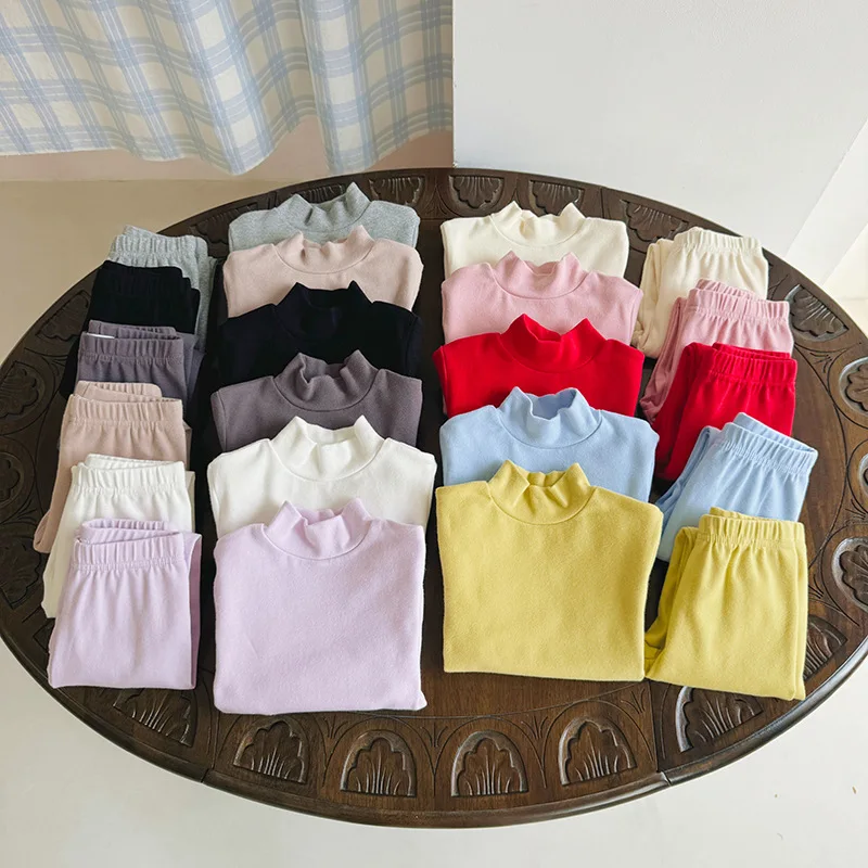 Autumn 2024 Baby Girl 2PCS Pajamas Clothes Set Cotton Solid Semi Turtleneck Undershirt High Waist Skinny Tights Kid Girl Outfits