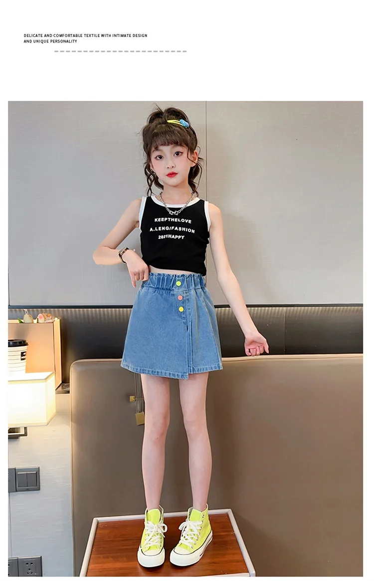 Neue Sommer-Jeansshorts für Kinder, Unterrock für Teenager-Mädchen, Lässiger Rock mit Shorts, Bunte Jeans-Culottes mit Knöpfen für Kinder – Detail 7