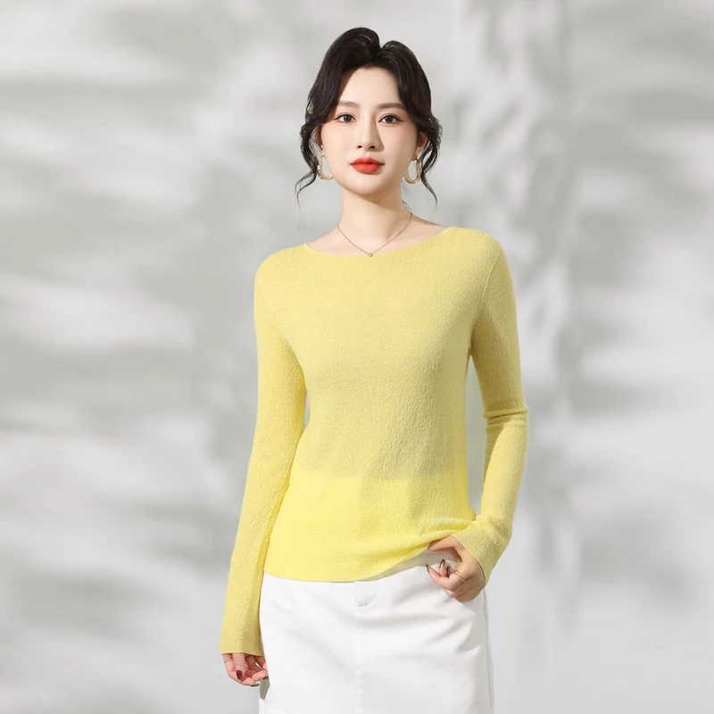 

Spring Women's 100% Spun Wool Sweater Knitted Bottom Yangtze Yarn Pullover Slim fit One Word Neck Tops Pull worsted wool Blouse