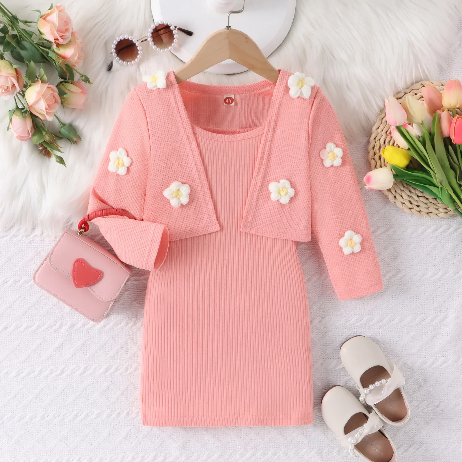 

Girl Clothes Dress Korean Autumn three-dimensional Wool Flower Long Sleeved Knitted Jacket+Slim Fitting Suspender Dress 2Pcs Set