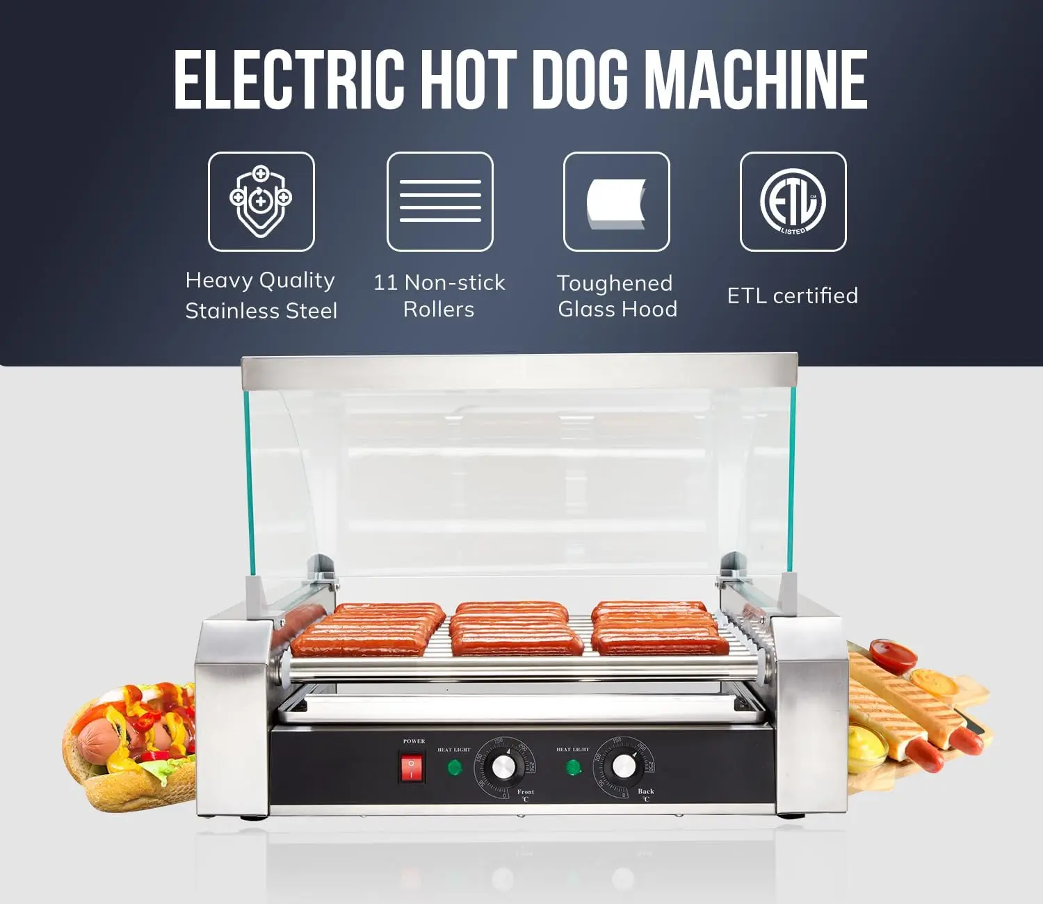 Sybo Hot Dog Roller, 30 Hot Dogs 11 Rollers Grill Cooker Machine With Removable Stainless Steel Drip Tray And Glass Hood Cover,