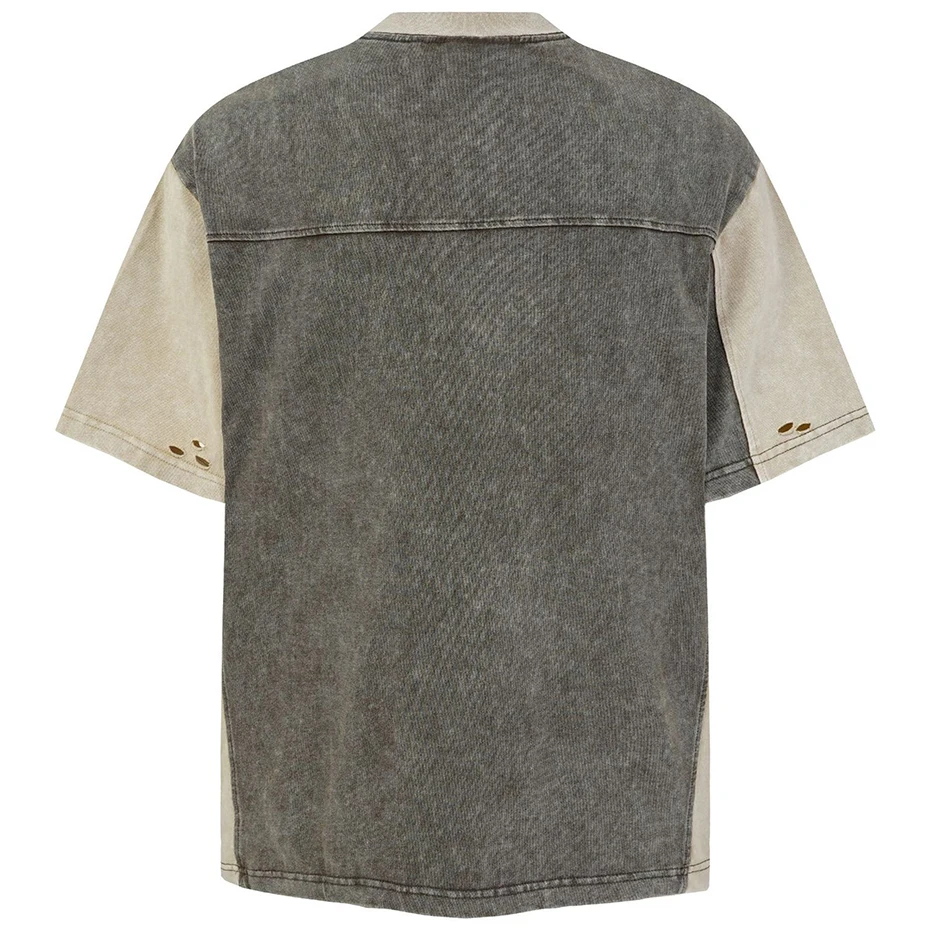 Men's T-shirt Black White Distressed Washed Rivet Color Block Loose Oversized Hip Hop Tshirts Casual Tee Tops