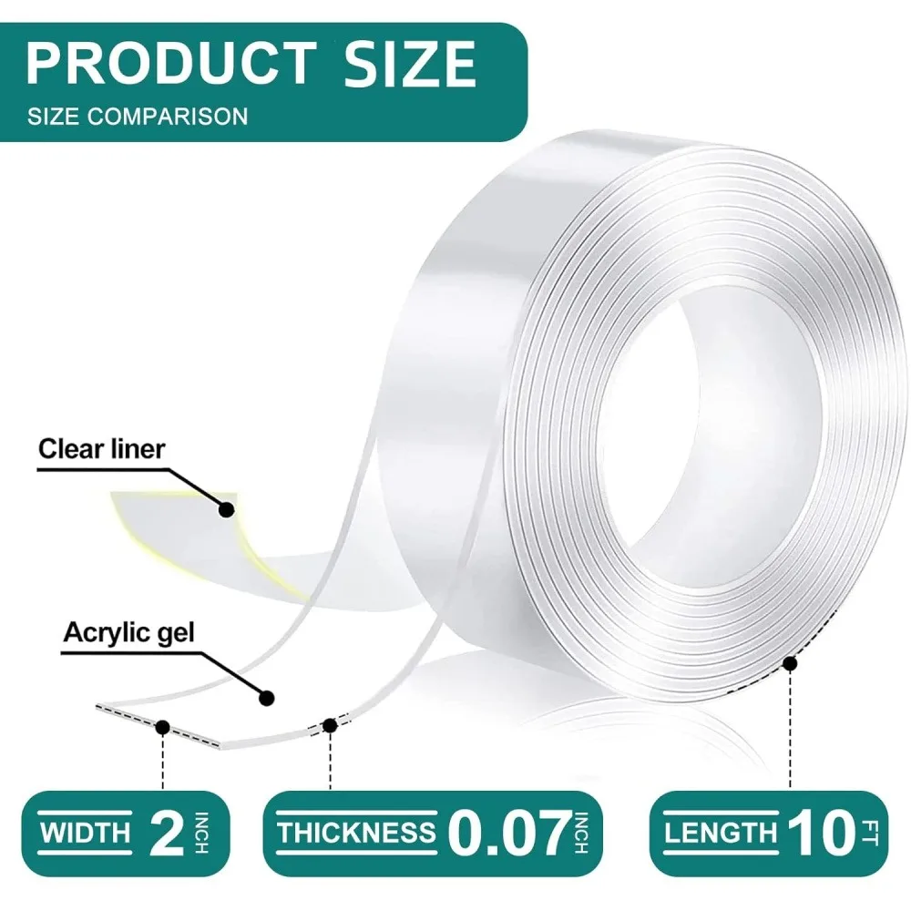1 Roll Heavy Duty Clear Nano Double Sided Tape, 0.78in X 16.4ft Reusable Washable No Residue Mounting Tape, Transparent Waterproof Two Sided Adhesive Tape for Poster Carpet Photo Frame Craft Home Decor
