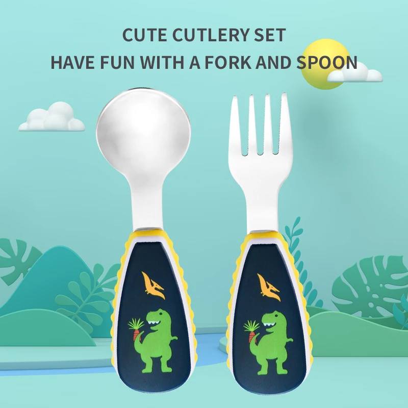 2Pcs Toddler Utensils Cute Toddler Feeding Spoon And Fork Set Stainless Steel Innovative Cartoon Dinosaur Short Handle Utensil