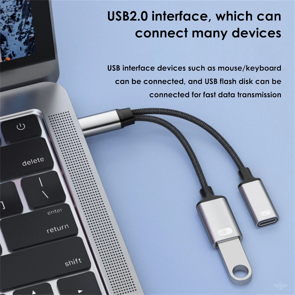 2 in 1 USB C OTG สายเคเบิลอะแดปเตอร์ชนิด C ตัวผู้ไป USB-C ตัวเมีย30W PD ชาร์จเร็วพร้อมอะแดปเตอร์แยก USB สำหรับโทรศัพท์แล็ปท็อป