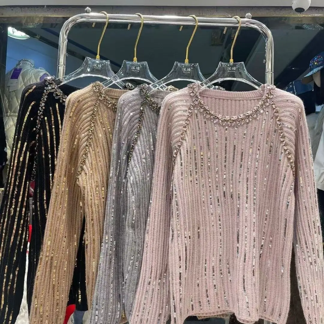 Women Sparkling Sequined Striped Knitted Sweater Autumn Beaded Pullovers Jumper Knitwear Round Neck Jumpers Long Sleeve Tops
