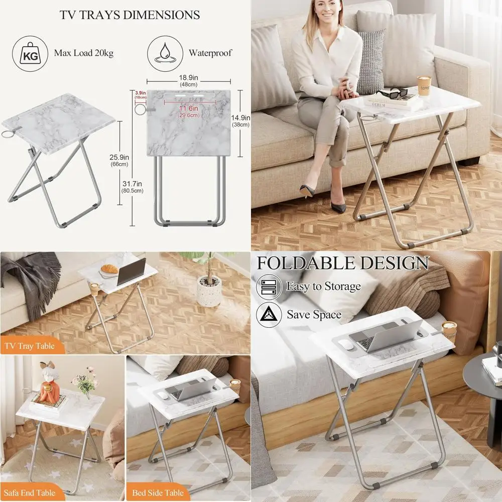 

Портативный складной столик-подставка для телевизора с подстаканниками, дизайн под белый мрамор, идеально подходит для небольших помещений и гостиных (комплект из 2 штук)