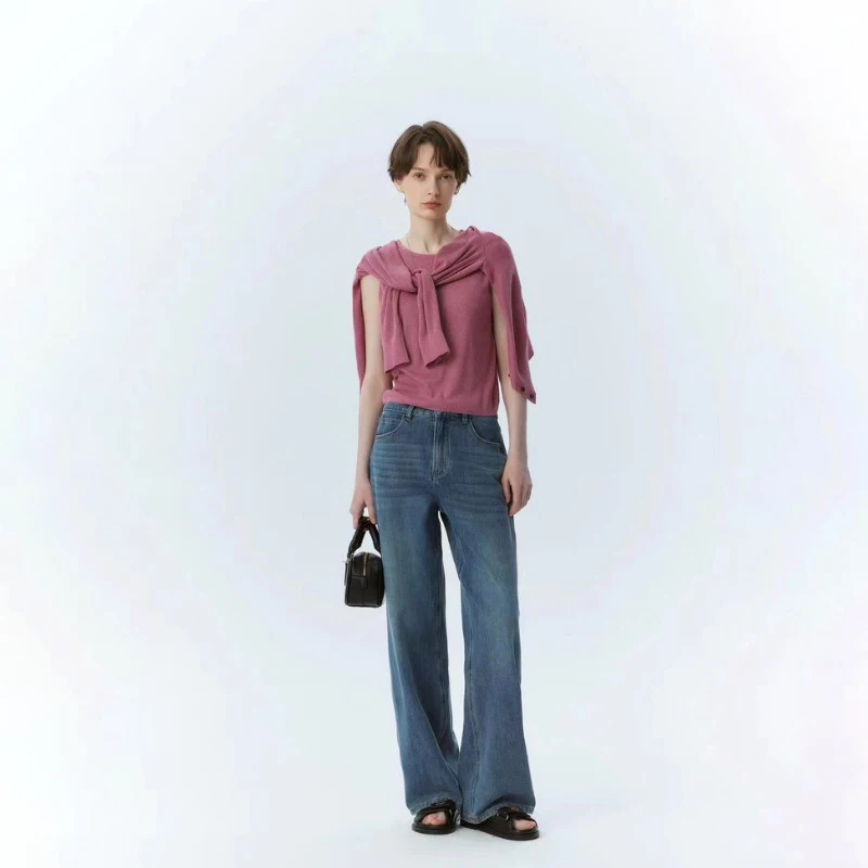 Th~R0W2024 Women's Autumn and Winter Casual Jeans Vintage Washed Wide Leg Pants Simple Fashion Blue Loose Pants Y2k Pants