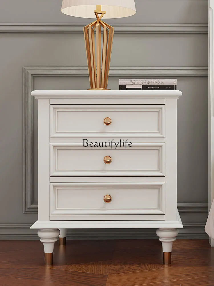 American light luxury solid wood bedside chest of drawers two-draw three-draw bedside table white