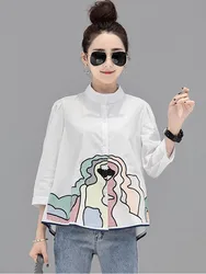 Chic Design Abstract Pattern Embroidered Loose A-line Shirt Women Autumn Stand collar Three Quarter Sleeve  Versatile Blouse Top