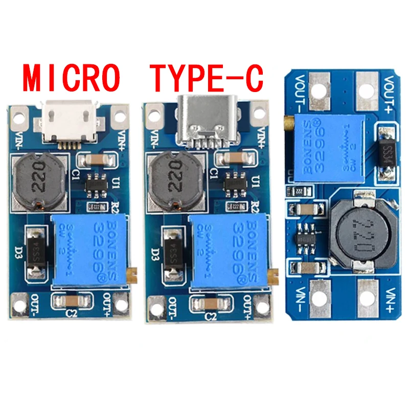 MT3608 DC-DC Adjustable Boost Module 2A Boost Plate Step Up Module with MICRO USB 2V-24V to 5V 9V 12V 28V