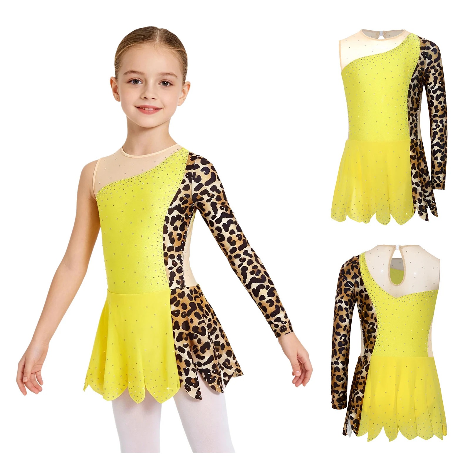 Kids Girls Shiny Rhinestone Mesh Leopard Figure Skating Dress Gymnastics Ballet Dance Acrobatics Leotard Dresses Caveman Costume