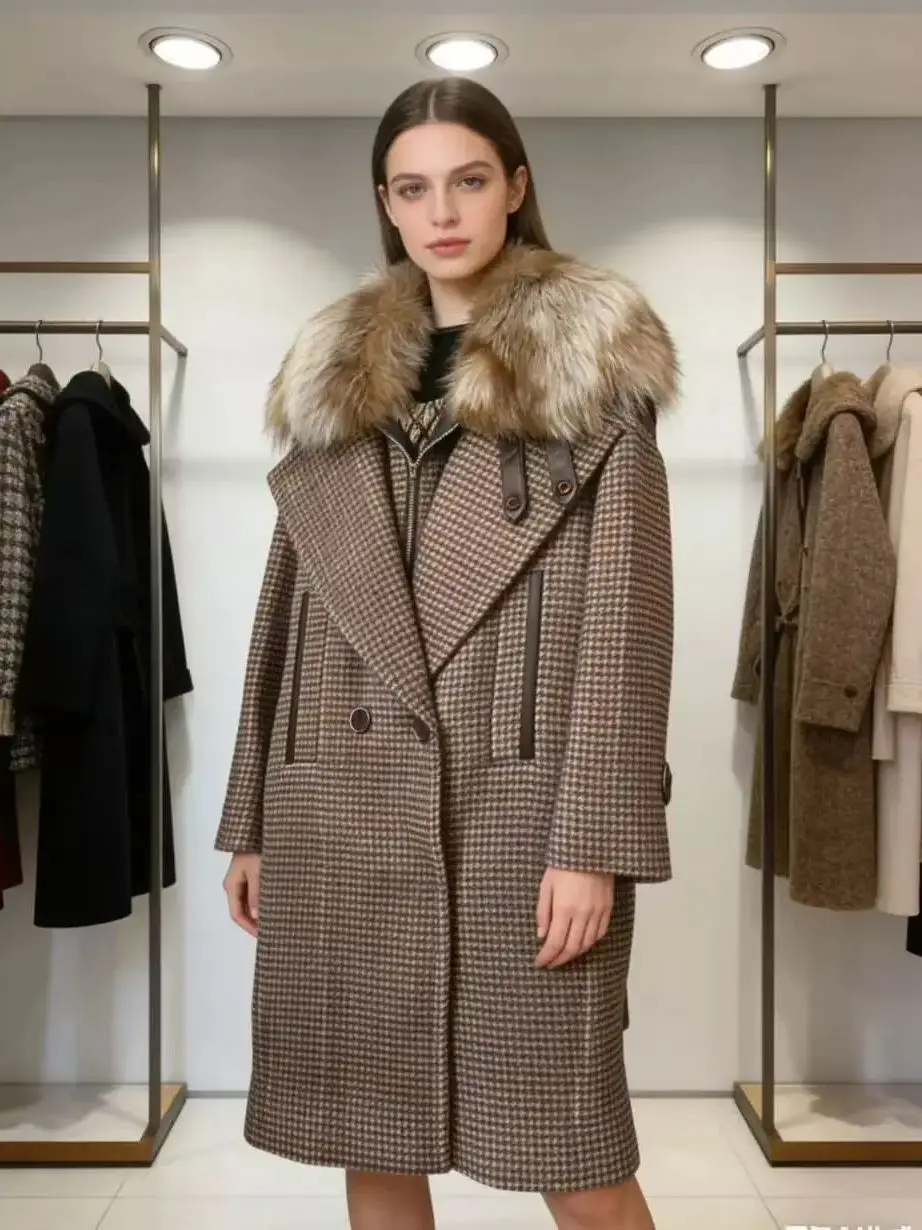

Genuine Fox Fur Collar Plaid Coat Thickened Houndstooth Leather Patchwork Luxurious and Warm High-End Coat for Winter