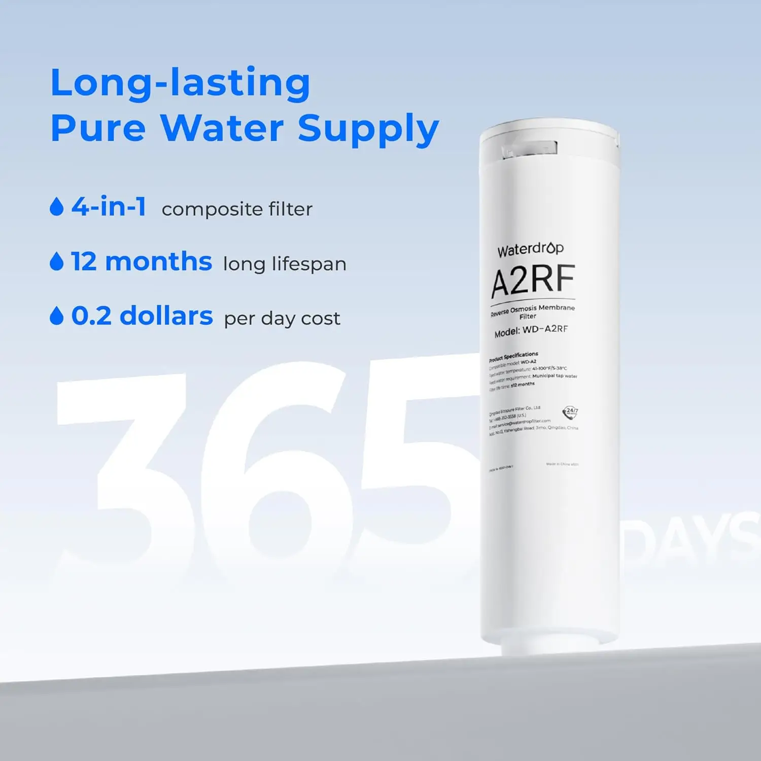 Фильтр Waterdrop WD-A2RF, замена системы обратного осмоса WD-A2 на столешнице, срок службы 12 месяцев
